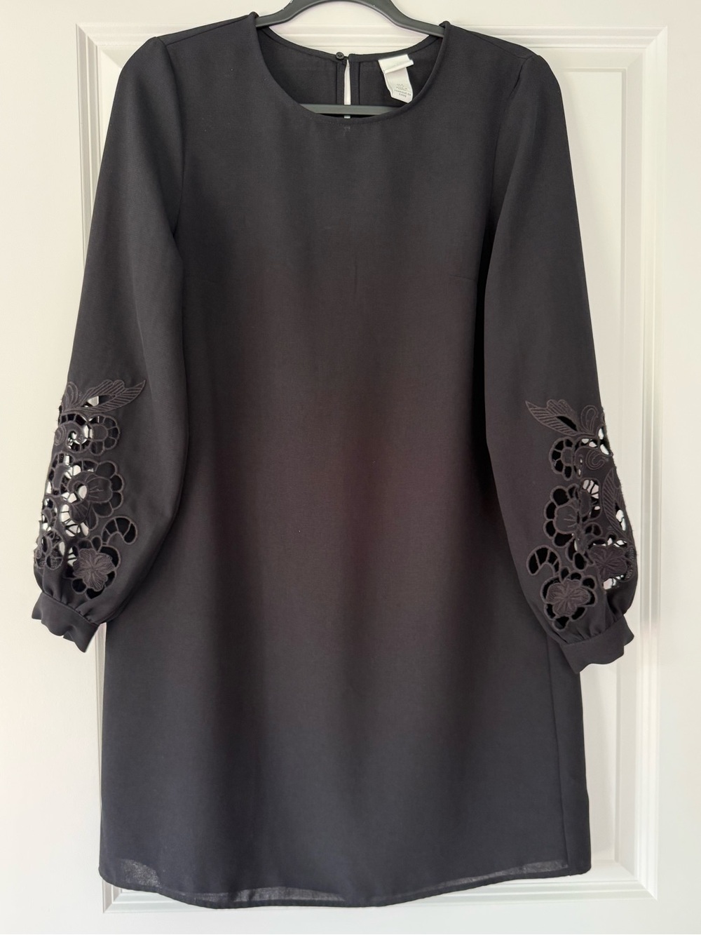 H&M Black Long Sleeve Shift Dress with Floral Cutout Sleeves